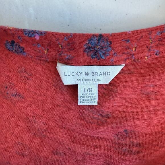 Lucky Brand Smocked Top Womens Size L Red Floral Knit Boho Western Prairie - Picture 6 of 7